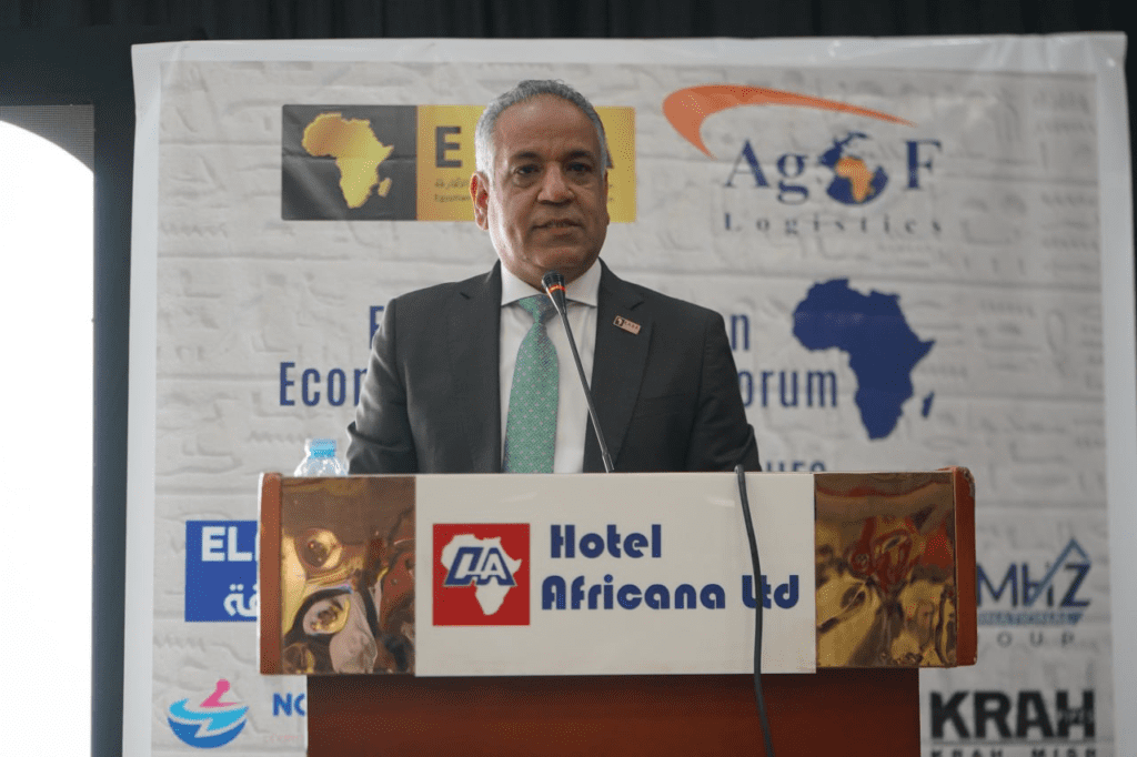 EABA Chairman Dr Yussrey El Sharkawi addressing participants at the Egyptian-Ugandan Economic and Trade Forum at Hotel Africana in Kampala yesterday